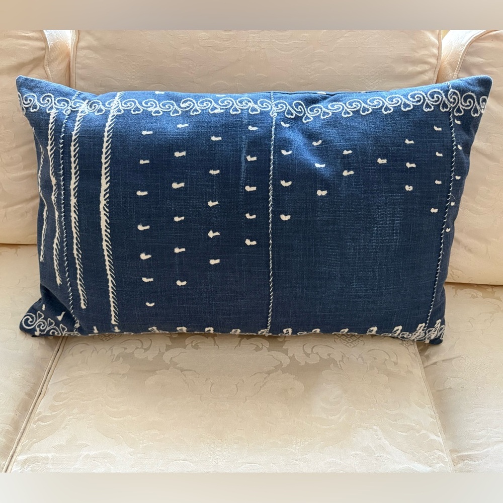 Pottery Barn Shibori Embroidered Lumbar Pillow With Insert Indigo Blue 16" X 26"